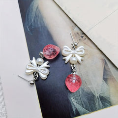 Little Fresh Clear Pink Strawberry Bow Tie Earrings