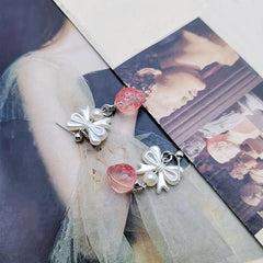Little Fresh Clear Pink Strawberry Bow Tie Earrings