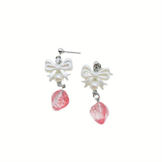Little Fresh Clear Pink Strawberry Bow Tie Earrings