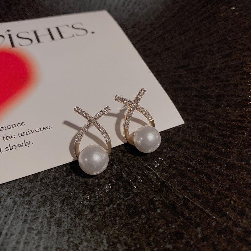 Cross Pearl Stud Earrings Letter Earrings Retro Ear Jewelry