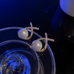Cross Pearl Stud Earrings Letter Earrings Retro Ear Jewelry