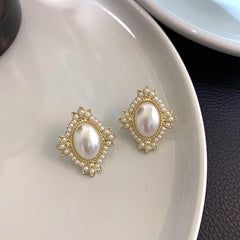 Vintage Oval Faux Pearl Earrings Stud Geometric Ear Jewelry