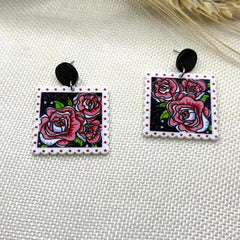 Rose Flower Print Square Acrylic Earrings Ear Jewelry