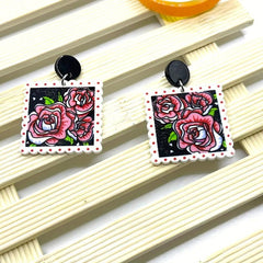 Rose Flower Print Square Acrylic Earrings Ear Jewelry