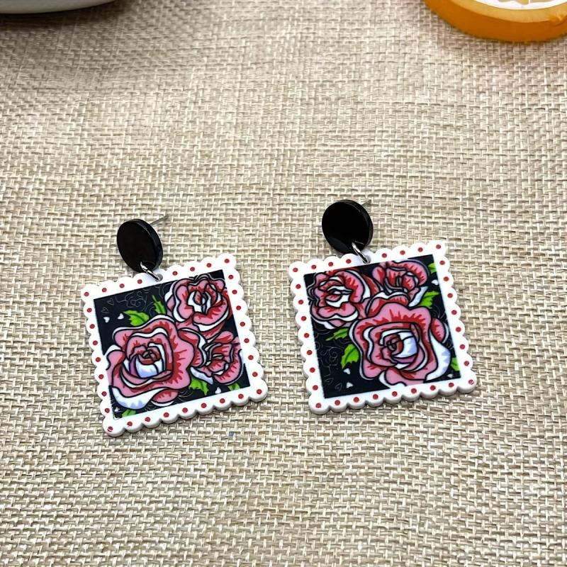 Rose Flower Print Square Acrylic Earrings Ear Jewelry