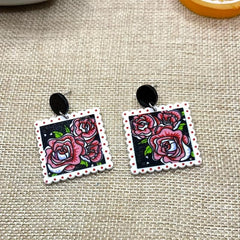 Rose Flower Print Square Acrylic Earrings Ear Jewelry