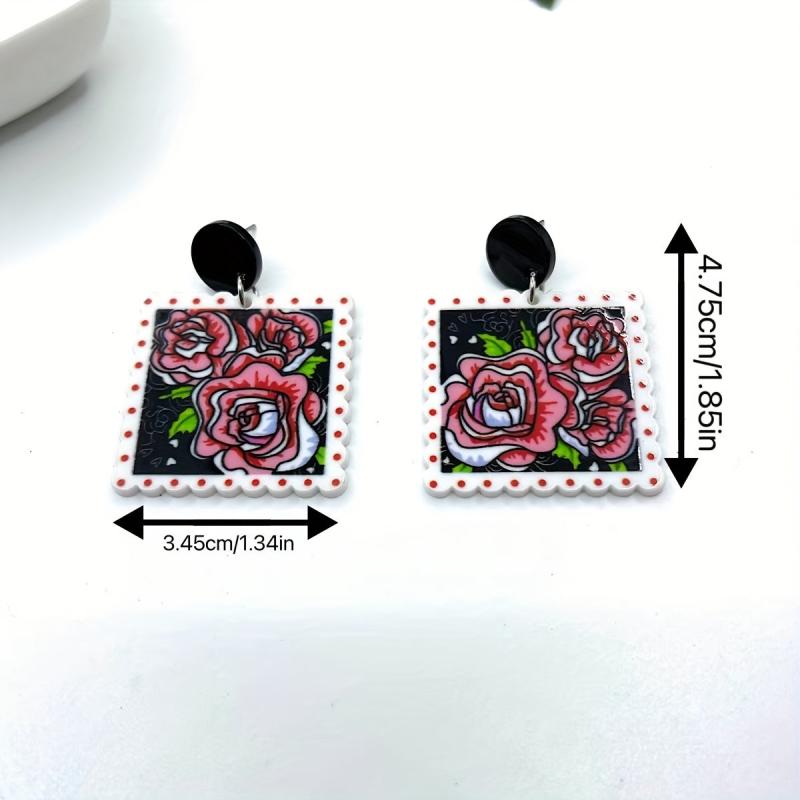 Rose Flower Print Square Acrylic Earrings Ear Jewelry