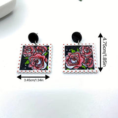 Rose Flower Print Square Acrylic Earrings Ear Jewelry