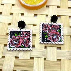 Rose Flower Print Square Acrylic Earrings Ear Jewelry