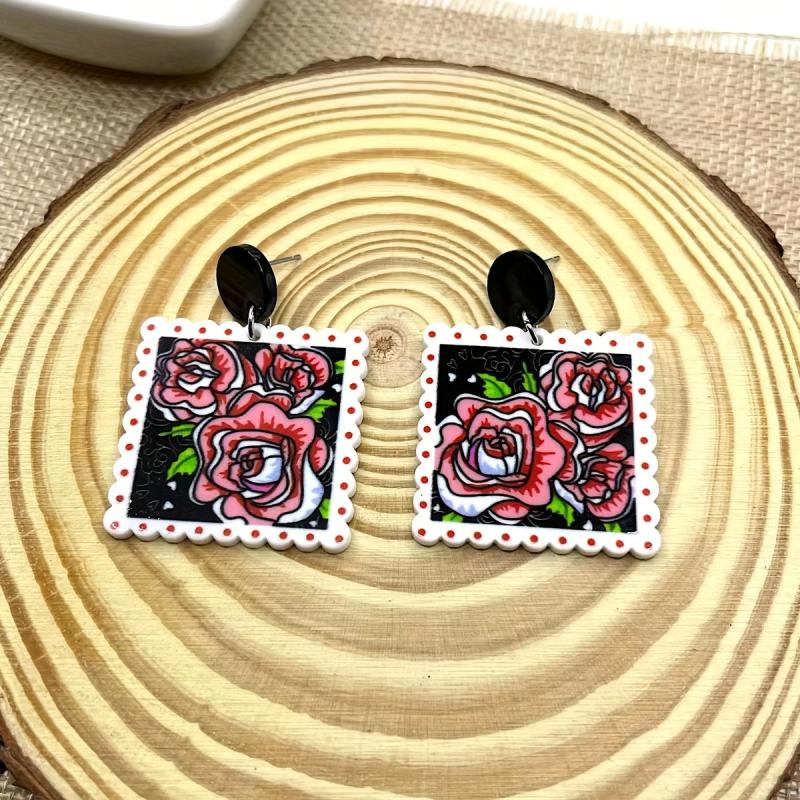 Rose Flower Print Square Acrylic Earrings Ear Jewelry