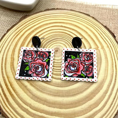 Rose Flower Print Square Acrylic Earrings Ear Jewelry