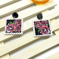 Rose Flower Print Square Acrylic Earrings Ear Jewelry