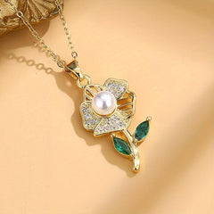 Rose Flower Faux Pearl Pendant Necklace Green Rhinestone Stainless Steel Chain