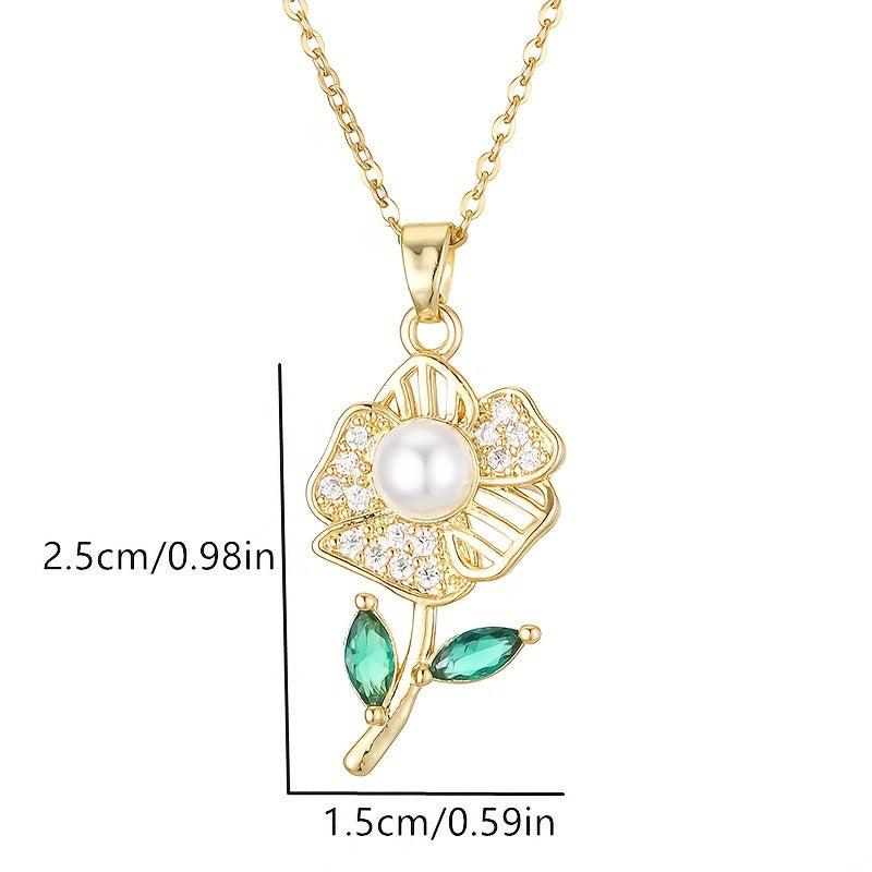 Rose Flower Faux Pearl Pendant Necklace Green Rhinestone Stainless Steel Chain