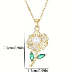 Rose Flower Faux Pearl Pendant Necklace Green Rhinestone Stainless Steel Chain