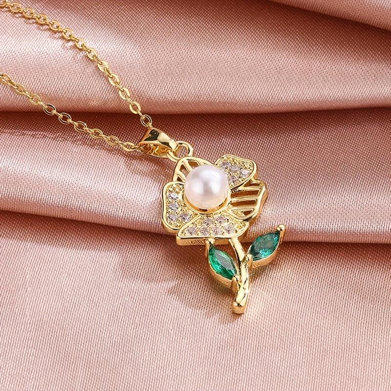 Rose Flower Faux Pearl Pendant Necklace Green Rhinestone Stainless Steel Chain