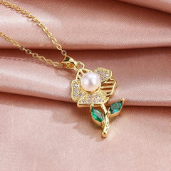Rose Flower Faux Pearl Pendant Necklace Green Rhinestone Stainless Steel Chain