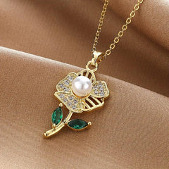 Rose Flower Faux Pearl Pendant Necklace Green Rhinestone Stainless Steel Chain