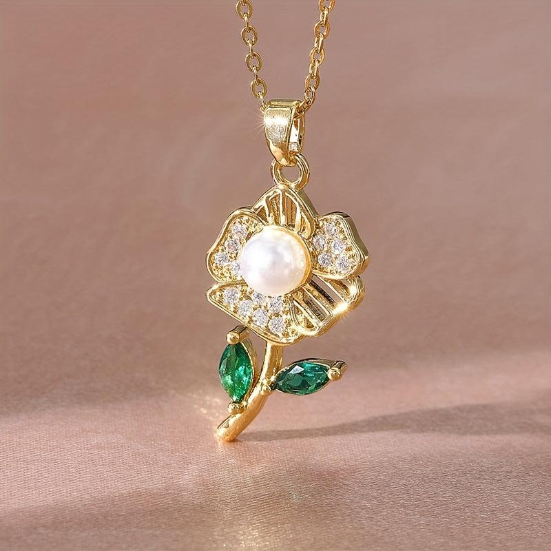 Rose Flower Faux Pearl Pendant Necklace Green Rhinestone Stainless Steel Chain