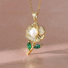 Rose Flower Faux Pearl Pendant Necklace Green Rhinestone Stainless Steel Chain