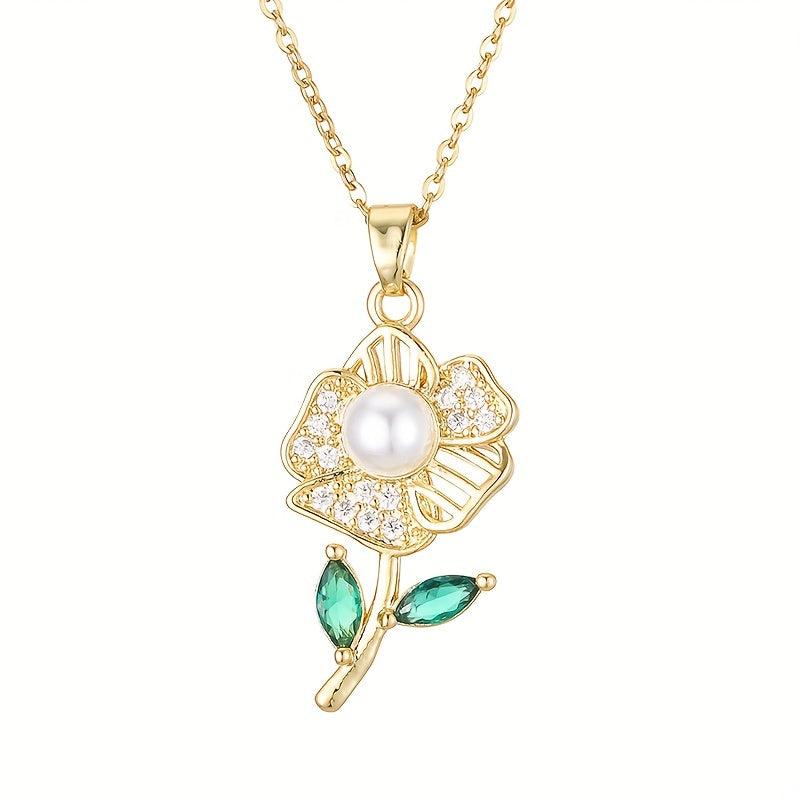Rose Flower Faux Pearl Pendant Necklace Green Rhinestone Stainless Steel Chain