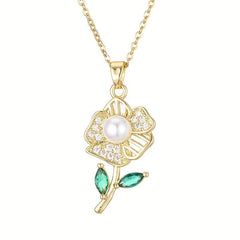Rose Flower Faux Pearl Pendant Necklace Green Rhinestone Stainless Steel Chain