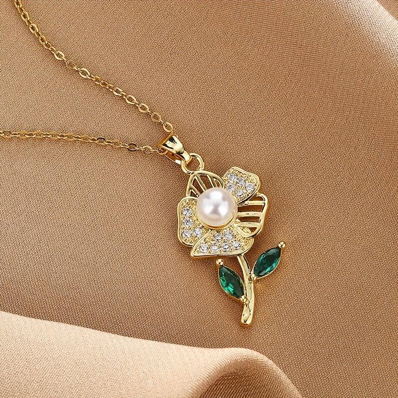 Rose Flower Faux Pearl Pendant Necklace Green Rhinestone Stainless Steel Chain