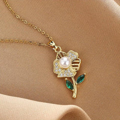 Rose Flower Faux Pearl Pendant Necklace Green Rhinestone Stainless Steel Chain