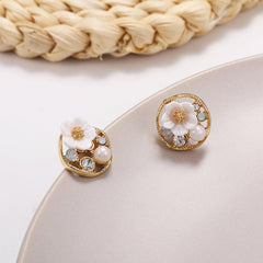 Geometric Round Stud Earrings with Artificial Diamond & Faux Pearl