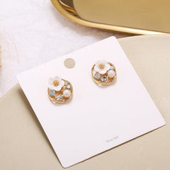 Geometric Round Stud Earrings with Artificial Diamond & Faux Pearl
