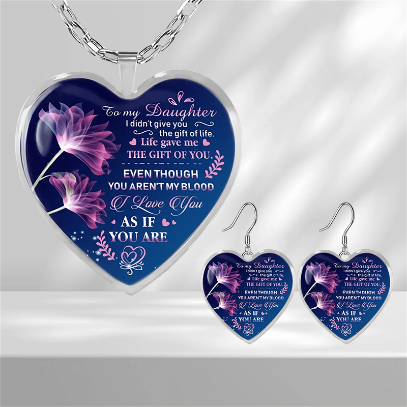 Purple Flower Heart Glass Pendant Earrings for Girls