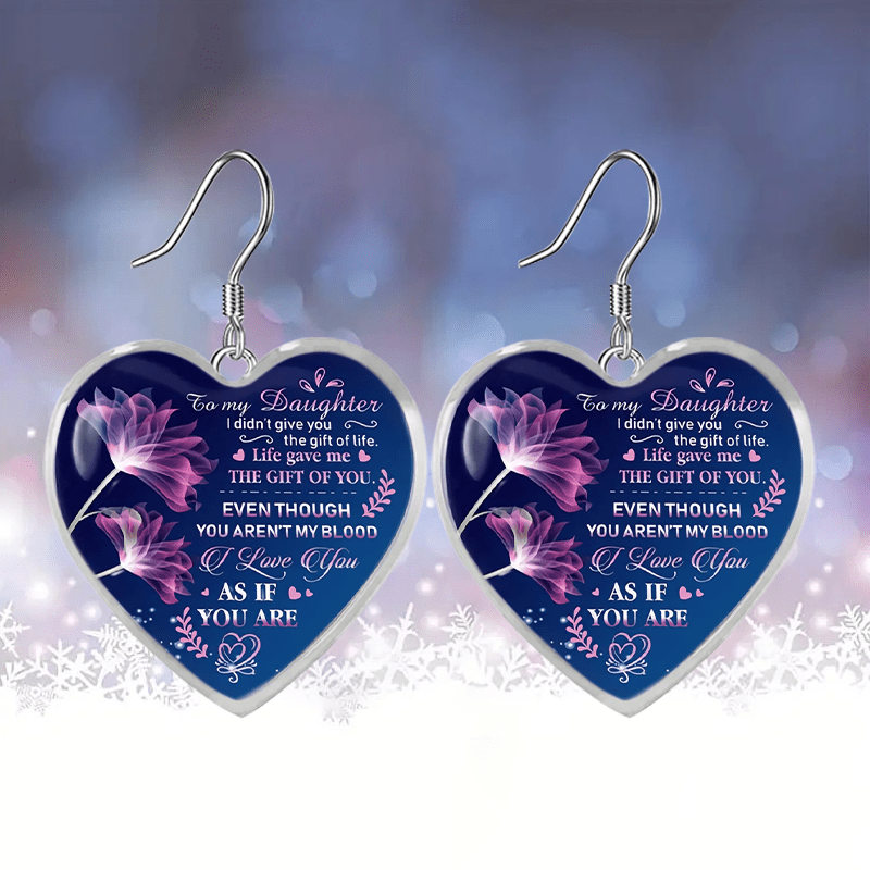 Purple Flower Heart Glass Pendant Earrings for Girls