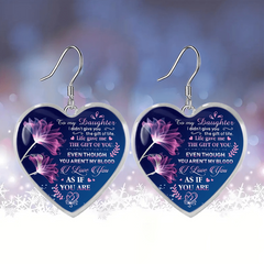 Purple Flower Heart Glass Pendant Earrings for Girls