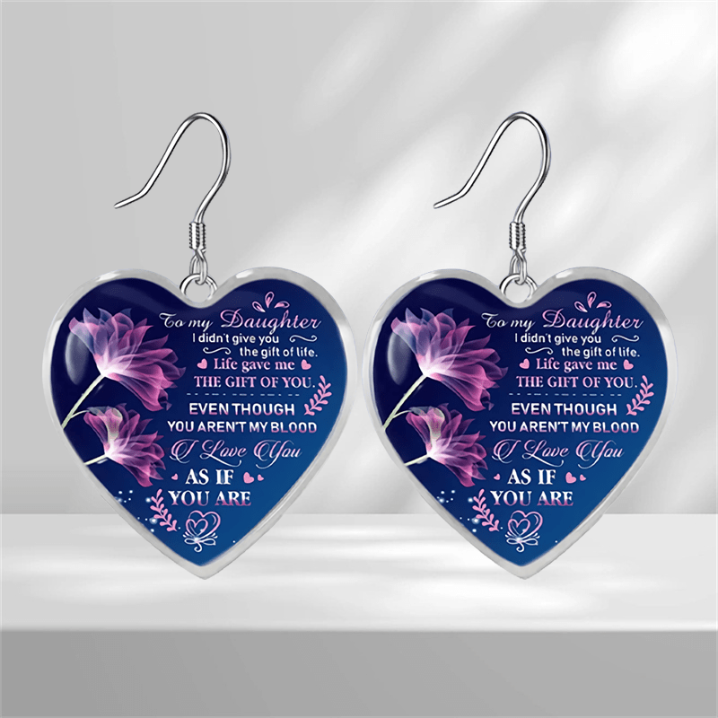 Purple Flower Heart Glass Pendant Earrings for Girls
