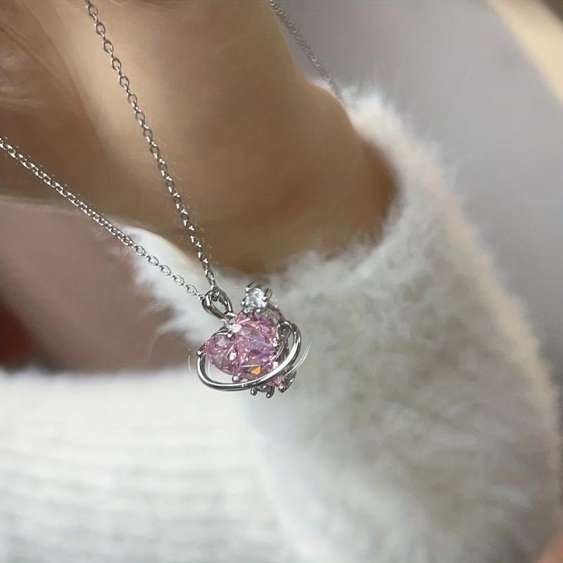Love Planet Necklace Pink Rhinestone Clavicle Chain