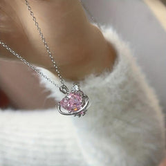 Love Planet Necklace Pink Rhinestone Clavicle Chain