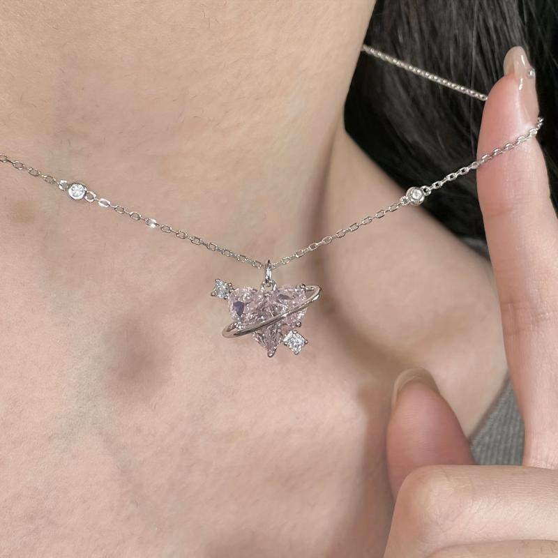 Love Planet Necklace Pink Rhinestone Clavicle Chain