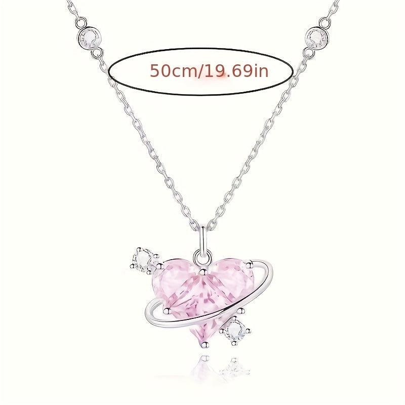 Love Planet Necklace Pink Rhinestone Clavicle Chain