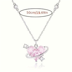 Love Planet Necklace Pink Rhinestone Clavicle Chain