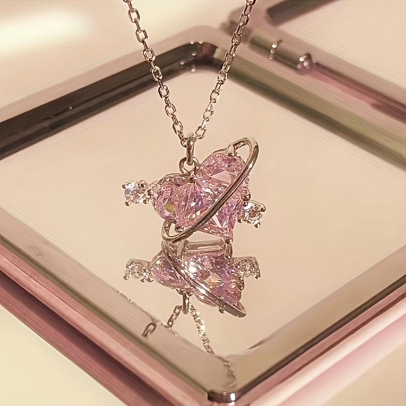 Love Planet Necklace Pink Rhinestone Clavicle Chain