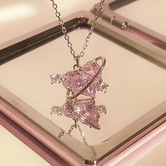 Love Planet Necklace Pink Rhinestone Clavicle Chain