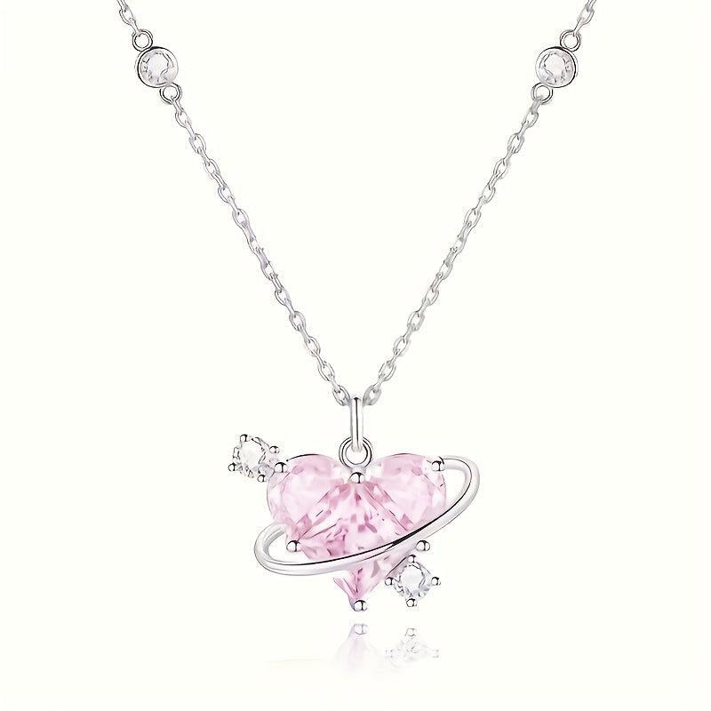 Love Planet Necklace Pink Rhinestone Clavicle Chain