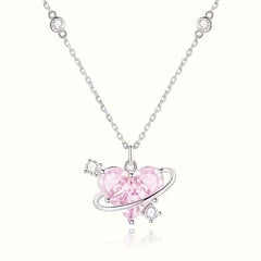 Love Planet Necklace Pink Rhinestone Clavicle Chain