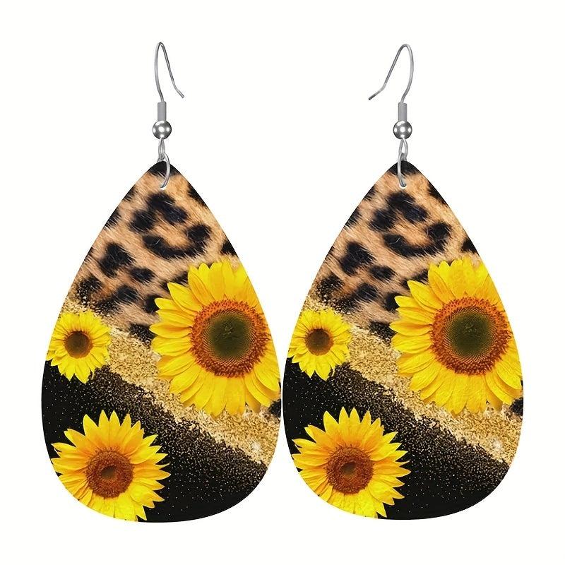 Leopard Print Sunflower Faux Leather Earrings