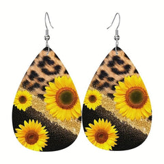 Leopard Print Sunflower Faux Leather Earrings