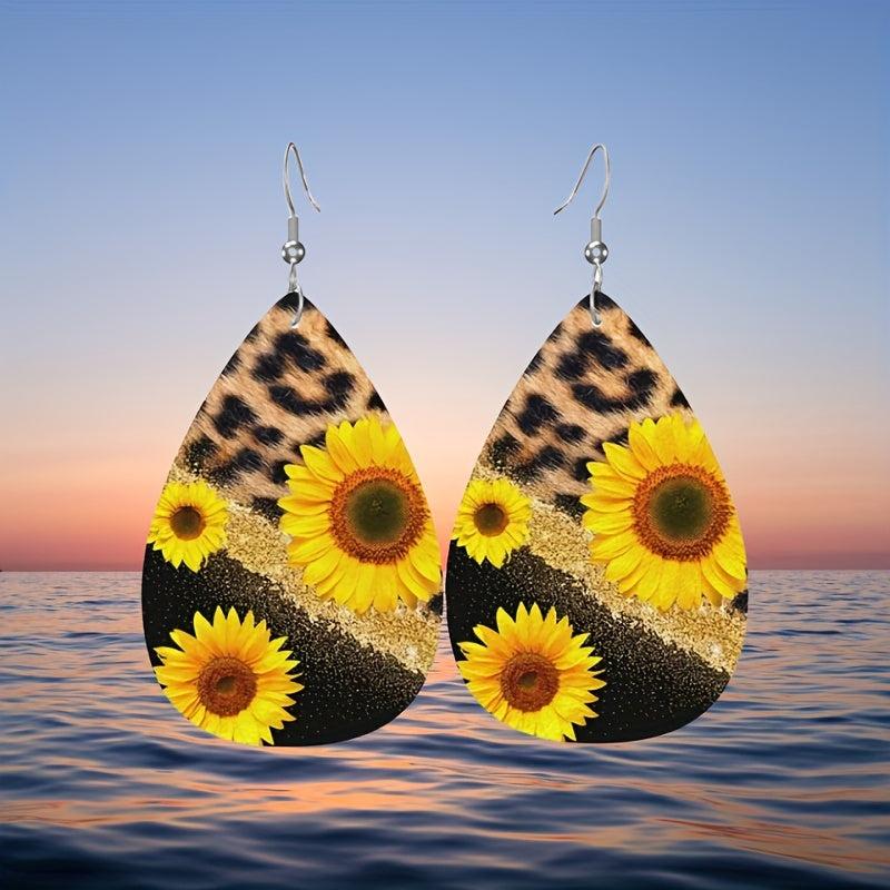 Leopard Print Sunflower Faux Leather Earrings