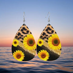 Leopard Print Sunflower Faux Leather Earrings