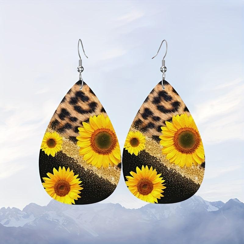 Leopard Print Sunflower Faux Leather Earrings