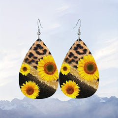 Leopard Print Sunflower Faux Leather Earrings