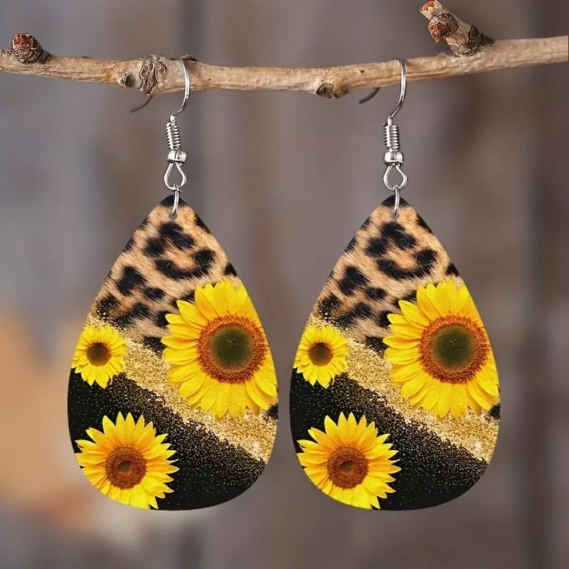 Leopard Print Sunflower Faux Leather Earrings